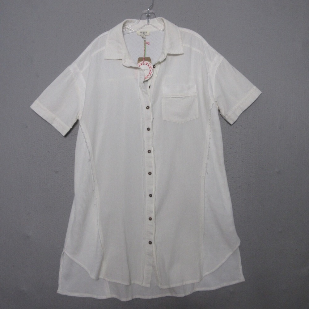 Umgee Shirt Dress Medium Off White Mix Media Waffle Knit Boho Fray Beach NWT